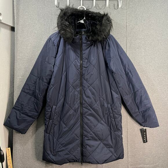 Nuage Faux Fur Lined Quilted Parka Navy Womens Jecket Size Large - Picture 1 of 16